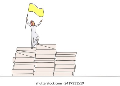Single one line drawing of Arabian businessman standing on piles of paper document raising flag. Create business plan with lots of data. Winner even though there is a lot of work. Continuous line