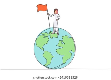 Dibujo de una sola línea de un hombre de negocios árabe parado en un globo gigante con bandera. Empresario celebrando la victoria. Metáfora de conquistar el mundo. Ilustración gráfica de diseño de línea continua