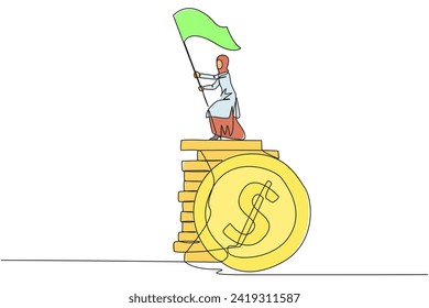 Single one line drawing of Arabian businesswoman standing on stack of coins raising flag. Successful remote freelance work. Get a lot of money. Concept of smart business. Award. Continuous line design