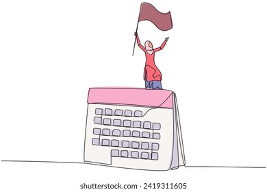 Single one line drawing of Arabian businesswoman standing on big desk calendar raising flag. Starting small steps in a planned business pattern is key to success in achieving profits.Continuous line