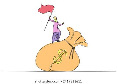 Single one line drawing of Arabian businesswoman standing on giant money bag raising flag. Victory or business achievement obtained for her smart work in managing the business. Continuous line design