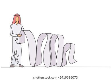 Single one line drawing Arabian businessman held long billing paper with both hands. Worry about spending a lot of money because of large number of bill. Continuous line design graphic illustration