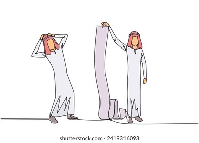 Single one line drawing Arabian businessman is shown the bill by his business partner. Many bills have entered the deadline to be paid right now. Debt. Continuous line design graphic illustration svg