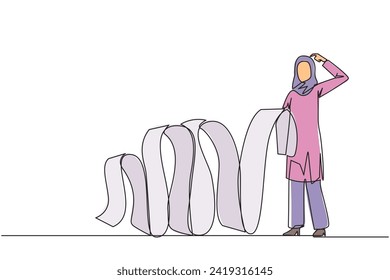 Single one line drawing Arabian businesswoman holding a long billing paper dangling to the floor, one of her hands scratching head. Confused how to pay the bill. Continuous line graphic illustration