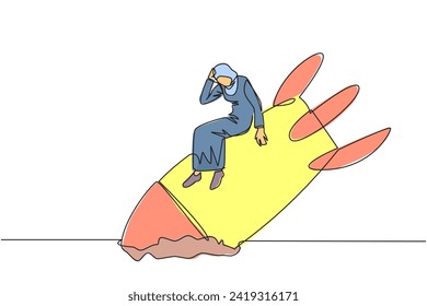 Single one line drawing Arabian businesswoman sits downcast on swooping rocket stranded and stuck at ground level. New business was destroyed. Unable to pay bills. Continuous line graphic illustration