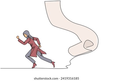 Una sola línea dibujando a una empresaria árabe corriendo perseguida por nóminas de papel péndulo. Tratar de huir de la responsabilidad de pagar todas las facturas. Ilustración gráfica de diseño de línea continua