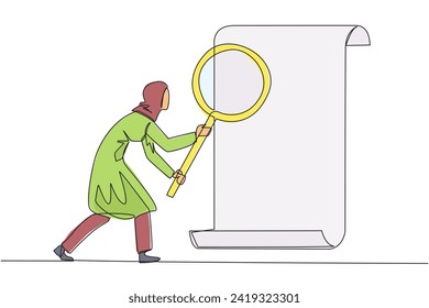 Single one line drawing Arabian businesswoman stood holding a magnifier highlighted a rolled paper. Evaluates product compliance in accordance with company's business standards. Continuous line design