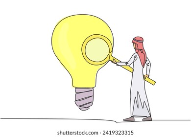 Single one line drawing Arabian businessman stood holding magnifier and inspected big lightbulb. Businessman are looking for new ideas, fresh ideas and innovation. Continuous line graphic illustration