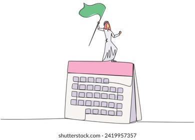 Single one line drawing of Arabian businessman standing on big desk calendar raising flag. Starting small steps in a planned business pattern is key to success in achieving profits. Continuous line