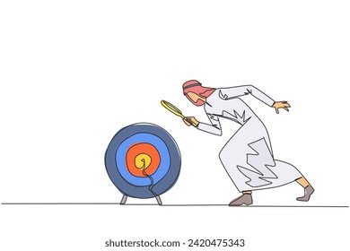 Single one line drawing Arabian businessman holds magnifying glass look at target arrow board. Businessman looking for ways to focus on growing business. Continuous line design graphic illustration