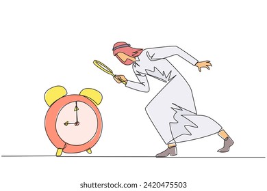Single one line drawing Arabian businessman holding magnifying glass looking at alarm clock. Super busy businessman, always working overtime. Workaholic. Continuous line design graphic illustration