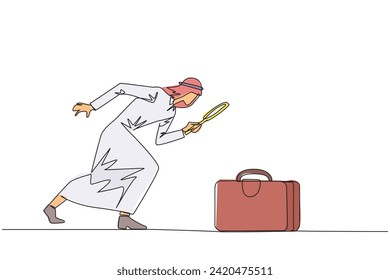 Single one line drawing Arabian businessman holding magnifying glass highlights the briefcase. Immediately tidied up his briefcase to go on a business trip. Continuous line design graphic illustration