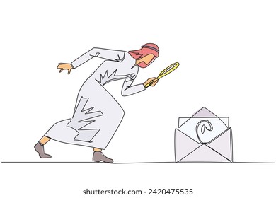 Single one line drawing of Arabian businessman holds magnifying glass look at email icon. Receive important emails related to the progress of his business. Continuous line design graphic illustration