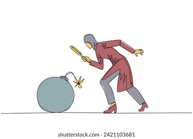 Single one line drawing of Arabian businesswoman holding magnifying glass look at large bomb with a burning fuse. Preventing explosions like preventing business destruction. Continuous line graphic