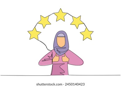 Single one line drawing Arabian woman giving two thumbs up, above head there are 5 stars forming semicircle. Exciting online shopping experience. Review 5 star. Continuous line graphic illustration