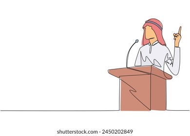 Single one line drawing Arabian businessman speaking at the podium while giving gesture of lifting one finger up. Inspirational speech. Conference stage. Continuous line design graphic illustration