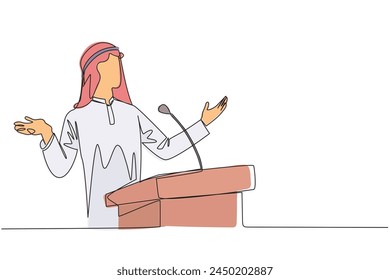 Single one line drawing Arabian businessman speaking at the podium while opening hands. Explain the history of the company to become multinational company. Continuous line design graphic illustration