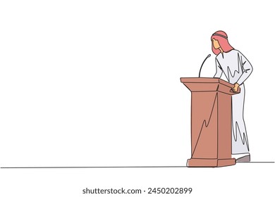Eine Zeile, die die Rede eines arabischen Geschäftsmannes auf dem Podium zeichnet. Gebt der Welt die Ehre, unabhängiger zu sein. Mit Worten ermutigen. grafische Darstellung der durchgehenden Linie