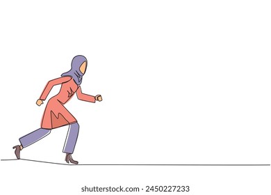 Single one line drawing Arabian businesswoman leisurely strolling. Habit to get rid of nervousness. Nervous when meeting big client. Light exercise for health. Continuous line graphic illustration