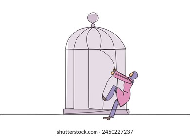 Una sola línea dibujando a una empresaria árabe tirar de barras de hierro hasta que se abollen. Describe la ira. Empresaria expresando decepción. Sensación de infelicidad. Exasperado. Ilustración gráfica de línea continua