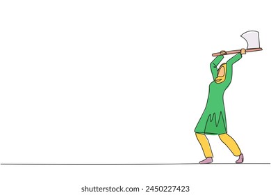 Single one line drawing Arabian businesswoman swinging an axe. Style like a lumberjack. Strong. Muscular. Powerful. Sports for physical health. Awareness. Continuous line design graphic illustration