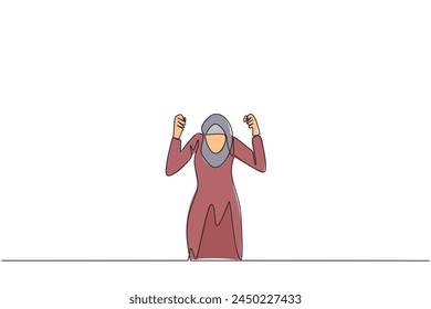 Single one line drawing Arabian businesswoman kneeling like praying. Lost hope. Businesses will bankrupt if fail to get bona fide clients. Gesture of surrender. Continuous line graphic illustration