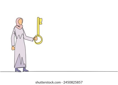 Single one line drawing Arabian businesswoman holding key. Important key to increasing profits has been secured. Ready to become important inheritance. Continuous line design graphic illustration