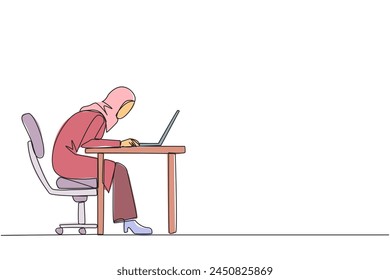 Single one line drawing Arabian businesswoman sitting and typing on laptop computer. Work hard to achieve maximum expected results. Overtime and work smart. Continuous line design graphic illustration