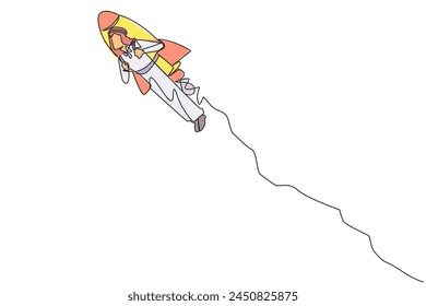 Una sola línea dibujando a un hombre de negocios árabe volando con un cohete. Deseo de llevar el negocio al cielo. Empresario exitoso. El gran hombre de negocios. Ilustración gráfica de diseño de línea continua