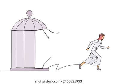 Single one line drawing Arabian businessman trapped in the cage running through the cage. Metaphor penetrates the maximum limit of self. Desire to succeed. Continuous line design graphic illustration