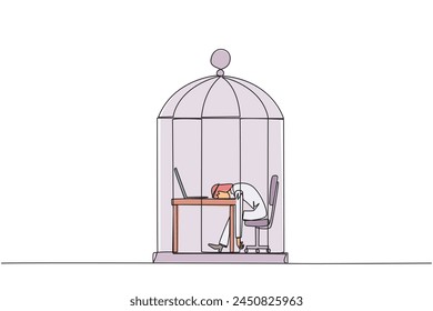 Single one line drawing Arabian businessman trapped in cage asleep on laptop. Tired of repetitive routines. The many deadlines require overtime every day. Continuous line design graphic illustration