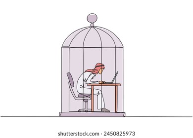Single one line drawing Arabian businessman trapped in cage working on laptop. Plan to take annual leave to get away from routine. Workaholic. Overtime. Continuous line design graphic illustration