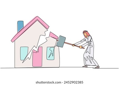 Single one line drawing Arabian businessman preparing to hit miniature house. Metaphor of house as collateral for payment. Fails. Home is gone. Bankrupt. Continuous line design graphic illustration