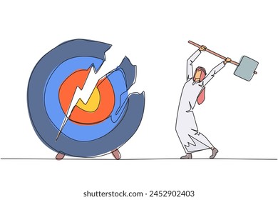Single one line drawing Arabian businessman preparing to hit a big target arrow board. Rampage. Failed to focus, failed to get the promised reward. Madness. Continuous line design graphic illustration
