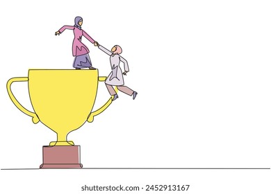 Single one line drawing Arabian businesswoman helps colleague climb big trophy. Achievement that cannot be achieved without great teamwork. Smart teamwork. Continuous line design graphic illustration