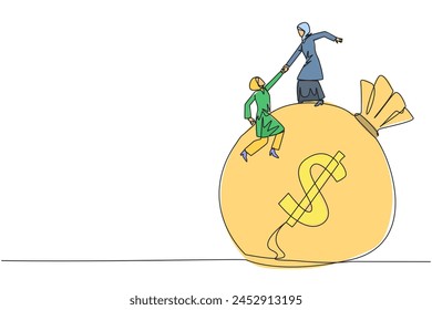 Single one line drawing Arabian businesswoman helps colleague to climb money bag. Collaborate to gain mutual benefit. Stronger together. Great teamwork. Cohesive. Continuous line graphic illustration