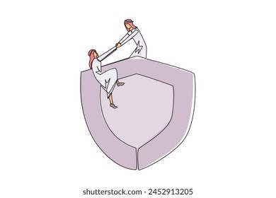 Eine Zeile, die einen arabischen Geschäftsmann zeichnet, hilft einem Kollegen, den großen Schild zu besteigen. Teamwork schützt Kollegen vor bösen Geschäftsleuten. einander helfen. grafische Darstellung der durchgehenden Linie