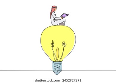 Single one line drawing Arabian man sitting on big lightbulb. Read with focus and serious. Metaphor looking for brilliant idea from scientific book. Book festival. Continuous line graphic illustration