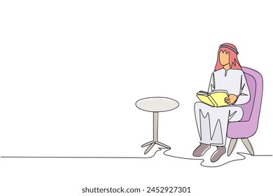 Single one line drawing Arabian man sitting reading on sofa. Reading focus in the living room. Relieve fatigue from daily activities. Book festival concept. Continuous line design graphic illustration