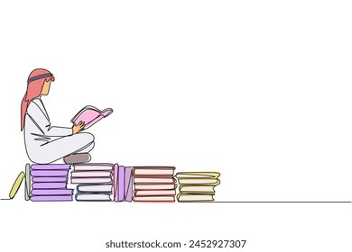 Single one line drawing Arabian man sitting relax reading book on pile of books. Relax while reading fiction book. Enjoy storyline. Book festival concept. Continuous line design graphic illustration