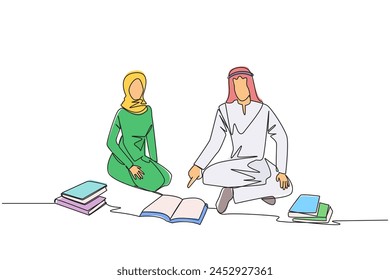 Single one line drawing Arabian man woman reading book happily. Good reading interest. Really enjoy reading story books. Reading everywhere. Book festival concept. Continuous line graphic illustration