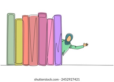 Single one line drawing Arabian woman appears from behind a row of books. Invitation to read books at the library. Like to reading a book. Book festival concept. Continuous line graphic illustration