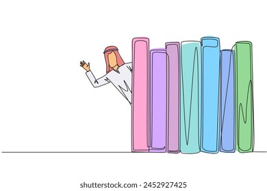 Single one line drawing Arabian man appears from behind a row of books. Invitation to read the books at the library. Like to reading a book. Book festival concept. Continuous line graphic illustration