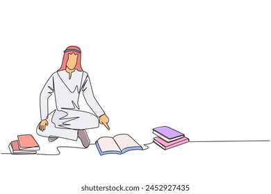 Single one line drawing Arabian man reading the books happily. Good reading interest. Really enjoy reading story books. Reading everywhere. Book festival concept. Continuous line graphic illustration