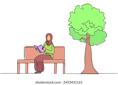 Single one line drawing Arabian woman sitting on park bench reading book. Learn by re-reading textbook. Read to get maximum marks. Reading increase insight. Continuous line design graphic illustration
