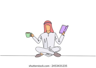 Single one line drawing Arabian man sitting cross-legged reading book. Accompanied by mug of coffee to make reading more interesting. Knowledge. Calmness. Continuous line design graphic illustration