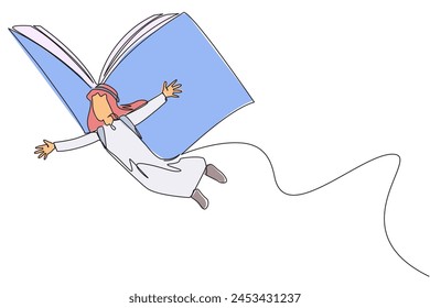 Single one line drawing Arabian man flying with wings that come from an open big book. The metaphor carried away with the storyline. Constructive fantasy. Continuous line design graphic illustration