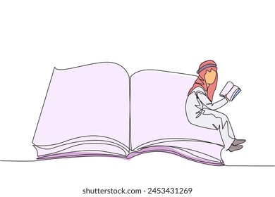 Single one line drawing Arabian man sitting on the edge of a large open book. Study before exam time arrives. Read textbooks with focus. Reading is fun. Continuous line design graphic illustration