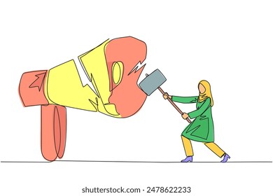 Single one line drawing Arabian businesswoman preparing to hit a big megaphone. Destroy of hoax information that damage business stability. Destroy slander. Continuous line design graphic illustration