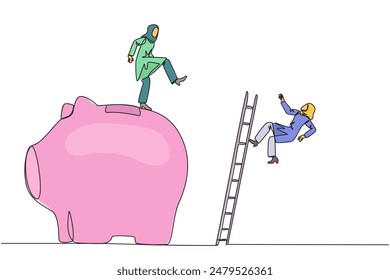 Single one line drawing Arabian businesswoman kicks rival who climbs piggy bank with stair. Bringing down opponents so don't have any investment in future. Continuous line design graphic illustration